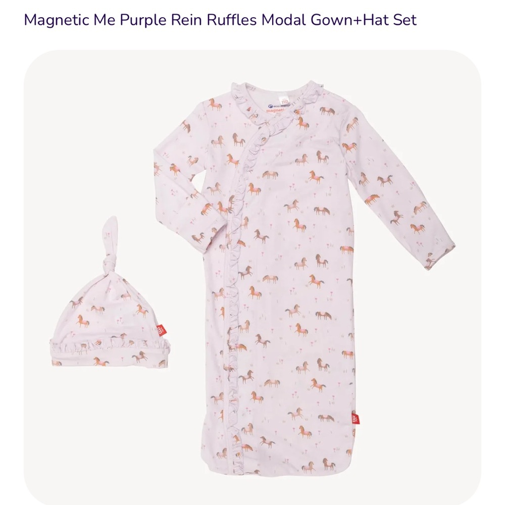 Magnetic Me Newborn Horse Gown with Hat Purple Reins Print
